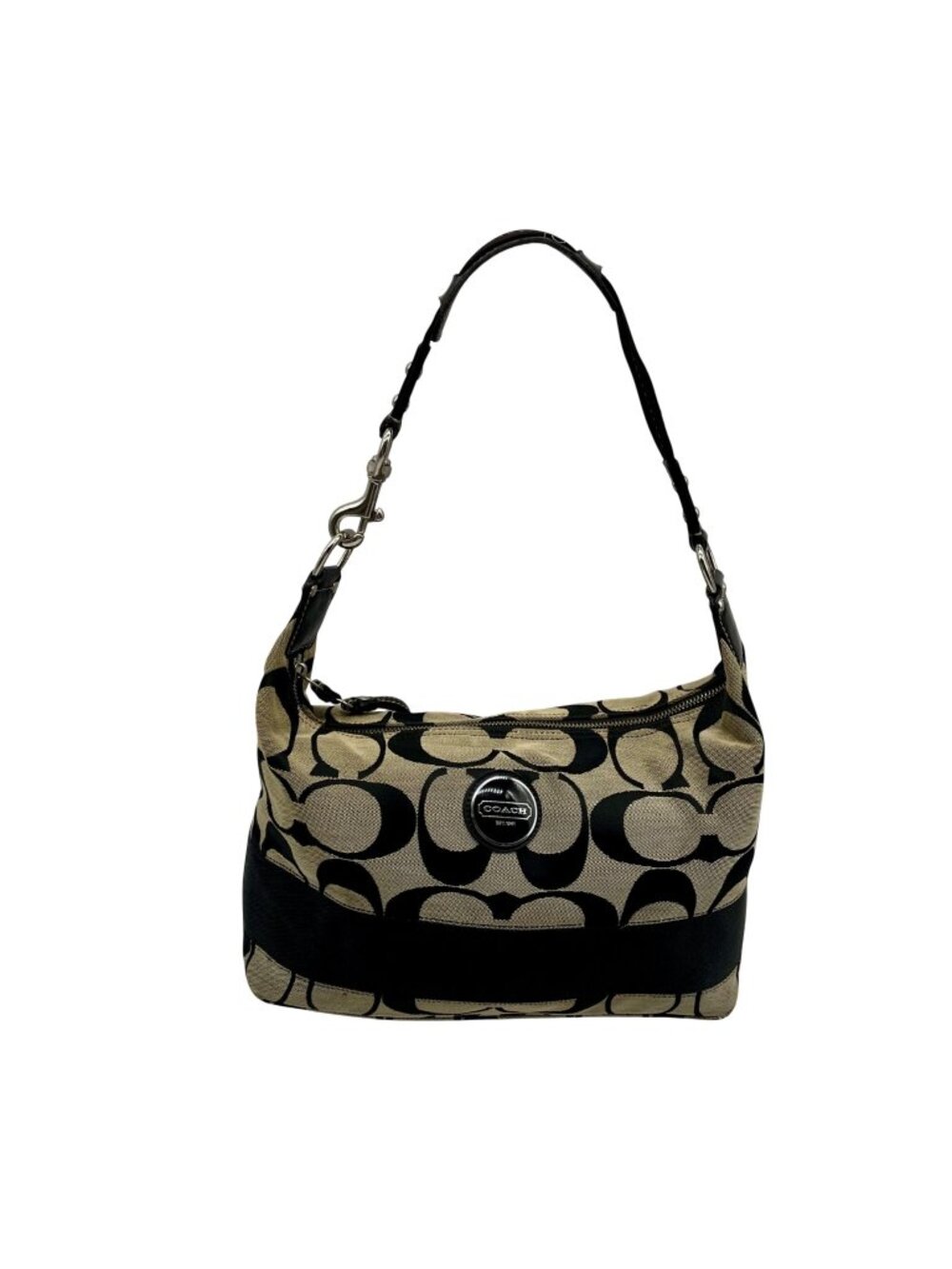 Coach Black Signature Strip Canvas Hobo Bag- F17434